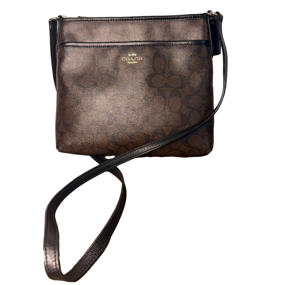 Coach Signature Brown Crossbody Bag in Coated Canvas with Black Leather Trim